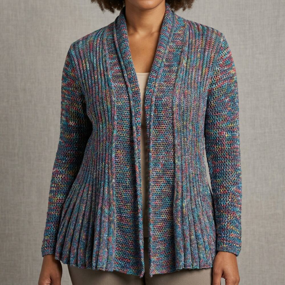 Shoreline Women's Cardigan L/XL Open Front Multi Boho Knit Shawl Collar Ribbed